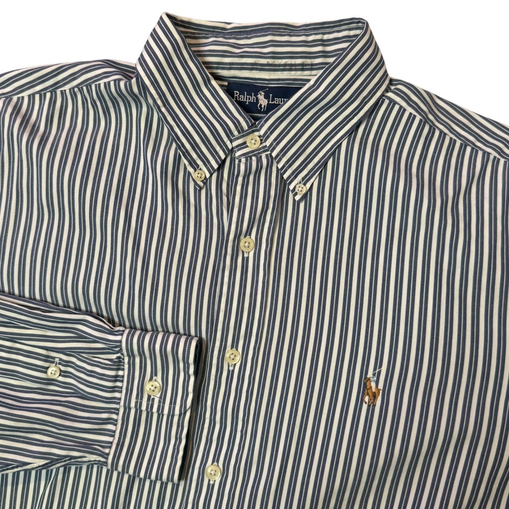 Ralph Lauren Yarmouth Flesh Pony Button Down Shirt Mens 17-35 Blue White Striped